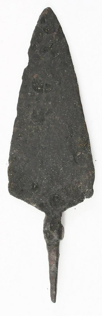 FINE VIKING TANGED ARROWHEAD C.9th-10th CENTURY: Well forged, Over 3” length of of flesh cutting weight intended for war raiding where the opponents would be marginally protected by padded jerkins. Diamond form point with low medial ridge one side