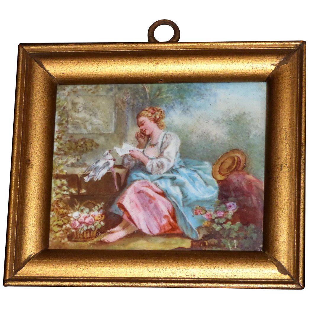 19th Century French Hand-Painted Porcelain Plaque: In this delightful very small painting on porcelain, the artist took his cue and inspiration from Antonin Boullemier, considered one of the Minton factory’s best painters in the last quarter of the