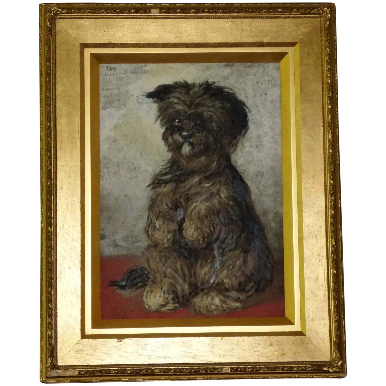 Portrait of the Terrier, "Tiney," by Sam Bough: Here is what the pencil-written inscription on the top left of the painting says: “Tiney, drown’d and resuscitated, July 1868, drawn by Sam Bough Augst. 1869, Died May 25, 1875.”; Sam Bough (182