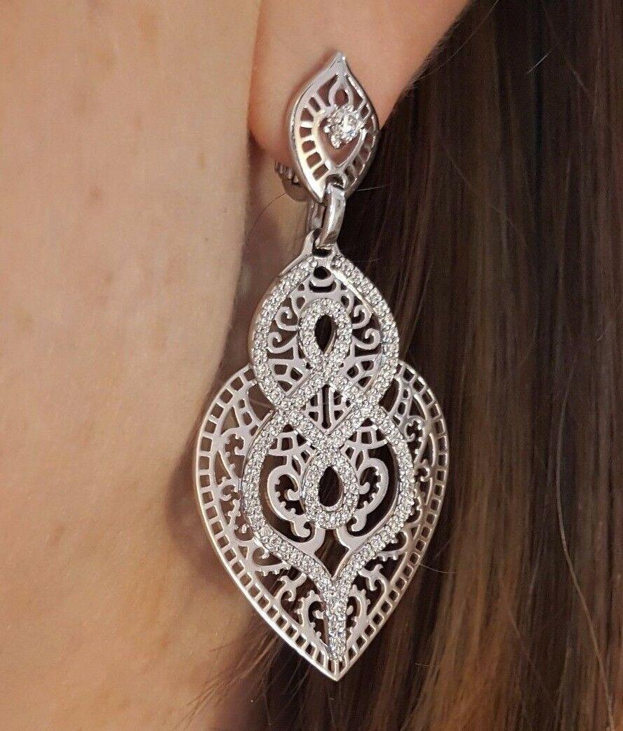 2.27 ct Diamond Lace Heart Cut-out Earrings by Crivelli: Crivelli Diamond Lace Heart Chandelier Earrings in 18k White Gold (Style#HM1824KMAVZ6PY) Italian made by Crivelli Lace Heart Diamond Earrings Beautiful Cut-out Design Topped with Diamond Swirl Chandel
