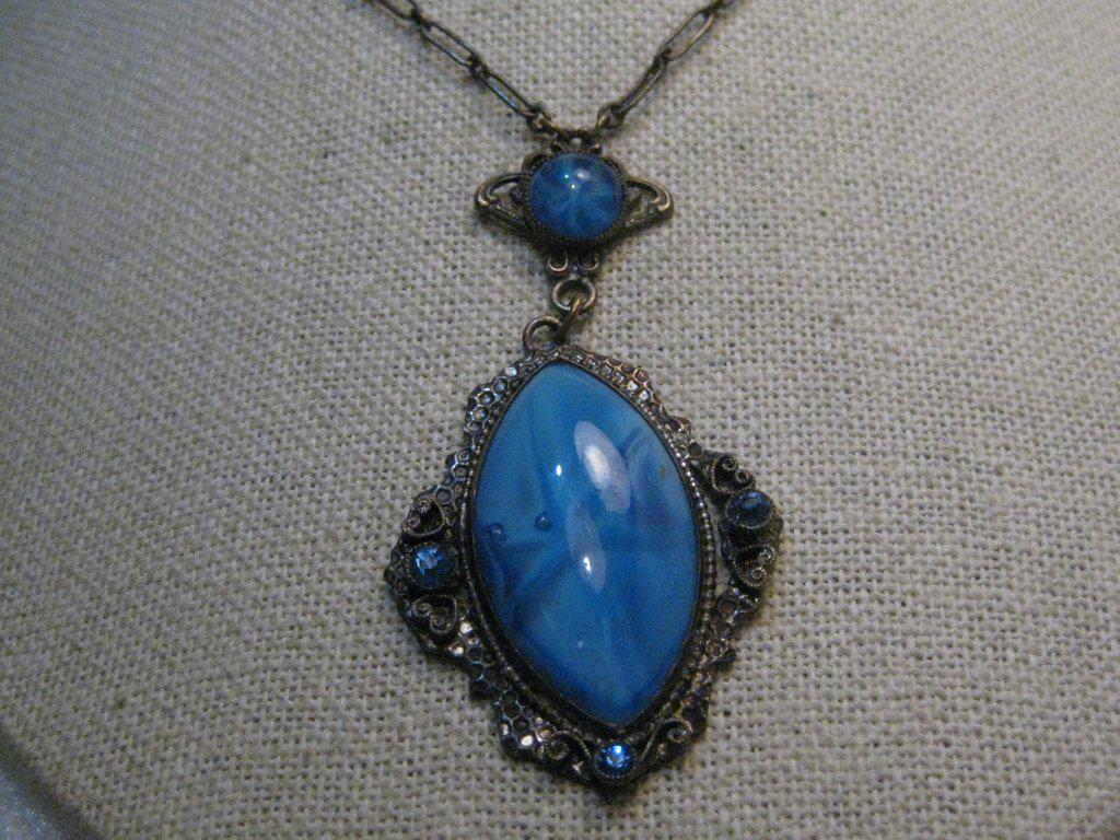 Vintage Blue Glass Lavalier Necklace, Art Deco 20" with: Vintage Estate Lavalier Necklace - 20", blue glass, The main stone has a star accent to it with six rays - it is a glass stone - possibly Czech glass but there are two air bubbles in the glass. The to