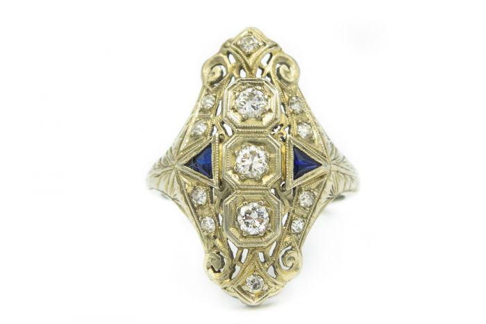 Art Deco White Gold Diamond Sapphire Ring (1 of 7)