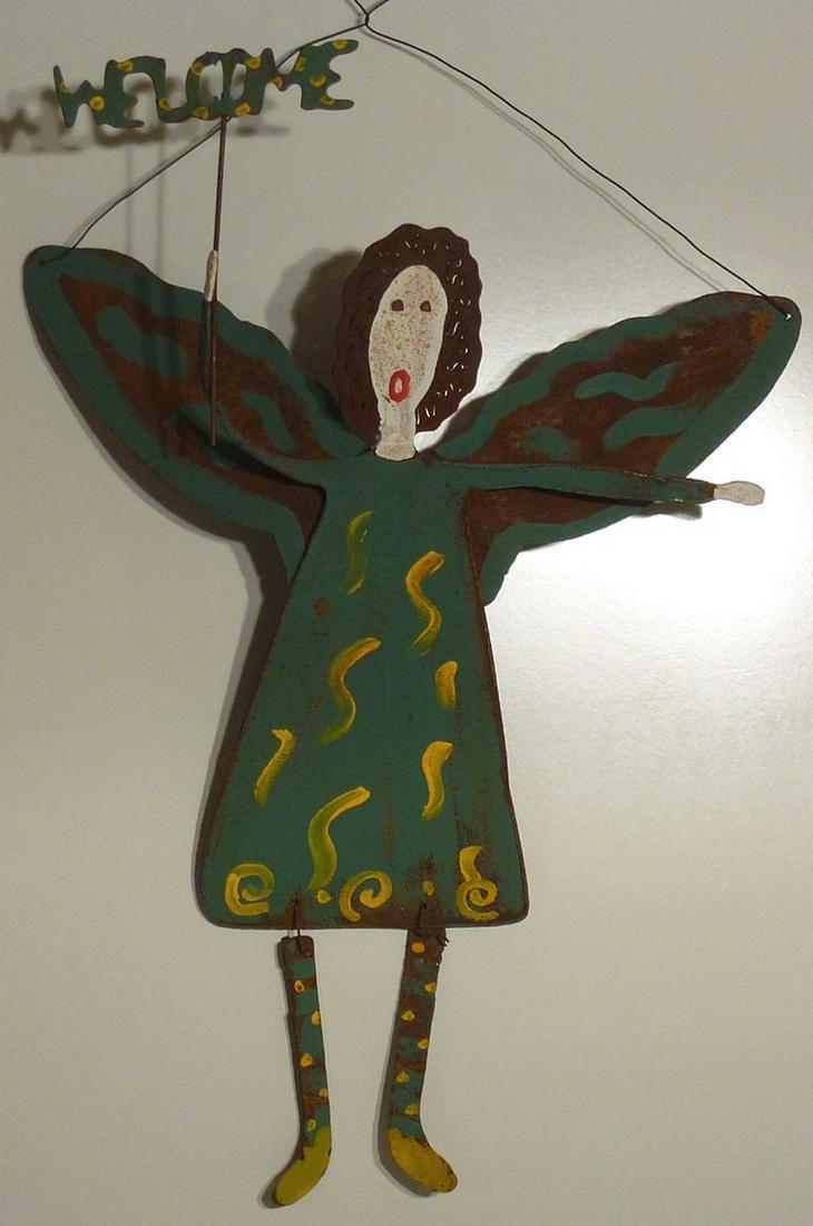 Colorful Folk Art Metal Woman WELCOME ANGEL: Title: Colorful Folk Art Metal Woman WELCOME ANGEL Provenance/Additional Info: This is a folk art Angel made from heavy sheet metal which has been cut out. The wings have been welded to the back of th