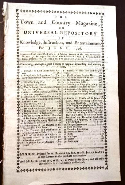 1776 Magazine Revolutionary War: The June 1776 issue of Town and Country Magazine printed at London for A. Hamilton, 56 pages and two engraved plates. Some Revolutionary War contnet at the end of the magazine. Also a description of N
