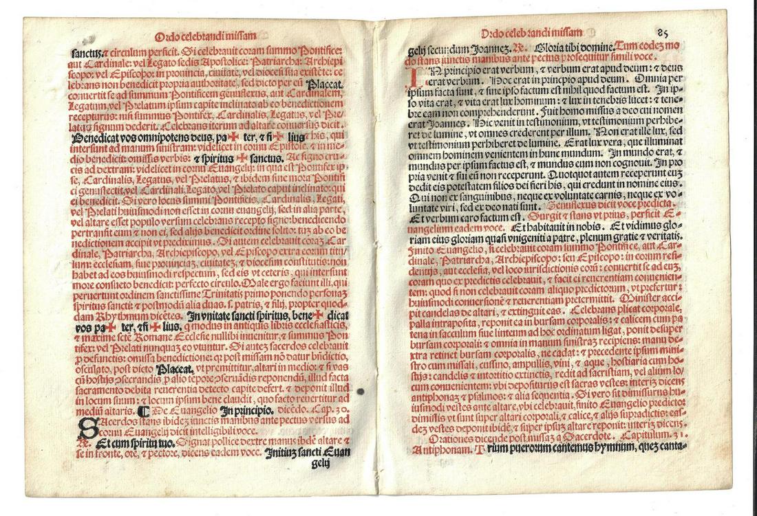 1567 Catholic Missal Prayer Leaves: Two Catholic prayer leaves printed at Venice in 1567 from “Sacerdotal ad Consuetudinem Sacro Sancte..”. In red and black . Fine. Measures 6.25 x 8.5”. Reserve: $30.00 Shipping: Domestic: Flat-ra