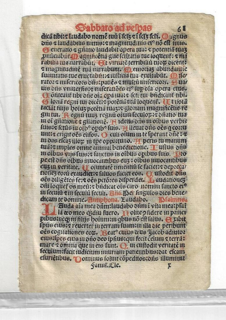 1550 Leaf Catholic Missal Red and Black: A leaf from "Familiaris Clericorum…", printed at Venice in 1550. Accompanied by a color copy of the title, all in an archival holder. Measures 5.5 x 8". Reserve: $30.00 Shipping: Domestic: Flat-rate