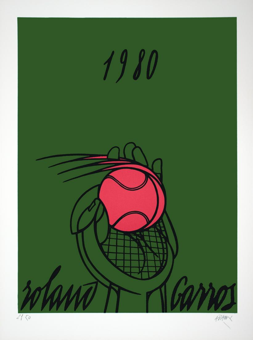 Valerio Adami - Roland Garros French Open (Green): Roland Garros French Open (Green) by Valerio Adami, 1980 Signed Lithograph. Paper size is 34 x 26 inches, with an image size of 34 x 26 inches. The Lithograph is from an edition size of 50 and is not