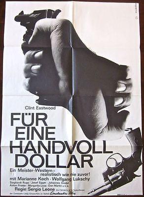 Fistful Of Dollars - Original 1964 German Poster -: FISTFUL OF DOLLARS - ORIGINAL 1964 GERMAN POSTER - GREAT BLACK WHITE GUN ART!! Original 1964 German Advertising poster (22 1/4" x 33") Hillman art! Poster is fully folded and has corner pinholes, cros