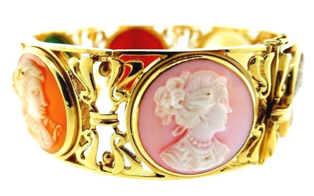 ANTIQUE 14k Yellow Gold & Gemstone Carved Cameo Bangle (1 of 6)