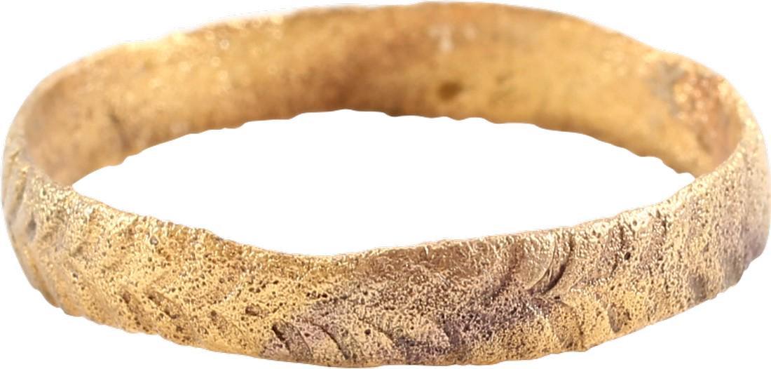 RARE LARGE VIKING WARRRIOR’S RING, 9TH-11TH CENTURY AD.: Gold over bronze. Large size 14. 2.1mm width with rounded face hand engraved with a chevron pattern for its full circumference. Gift boxed with certificate of authenticity. Professionally refurbished 