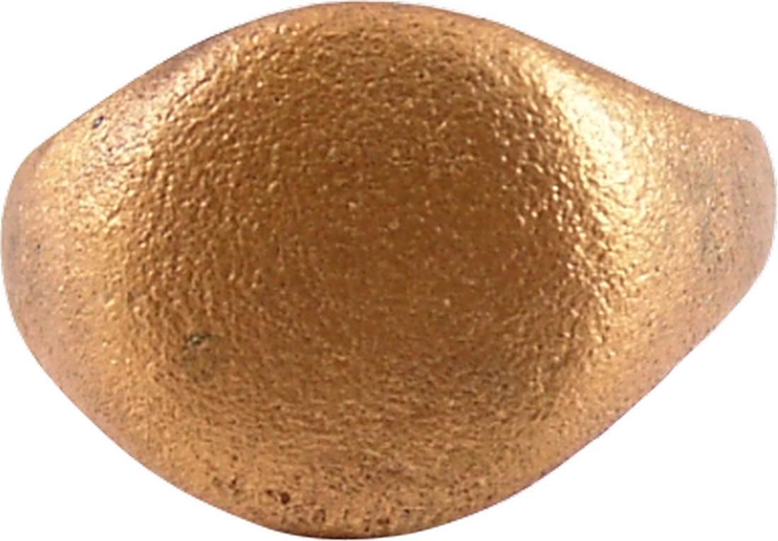 VIKING WARRIOR’S PINKY RING, 9TH-11TH CENTURY: Size 7 ½ for man’s small finger. 3.2mm well rounded band expanding at the shoulders. Raised circular bezel with flat top and rounded edges. Professionally refurbished with the 24karat gold overlay 