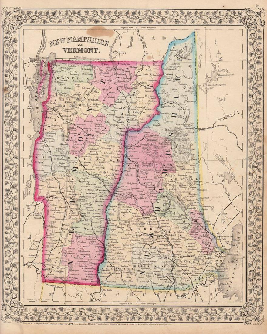 Mitchell: New Hampshire & Vermont, 1870: Title/Content of Map: Mitchell: New Hampshire & Vermont, 1870 Date Printed: 1870, Philadelphia Cartographer: S. A. Mitchell Size: 11 3/8" x 13 3/4" The beautifully detailed and colored county map of N