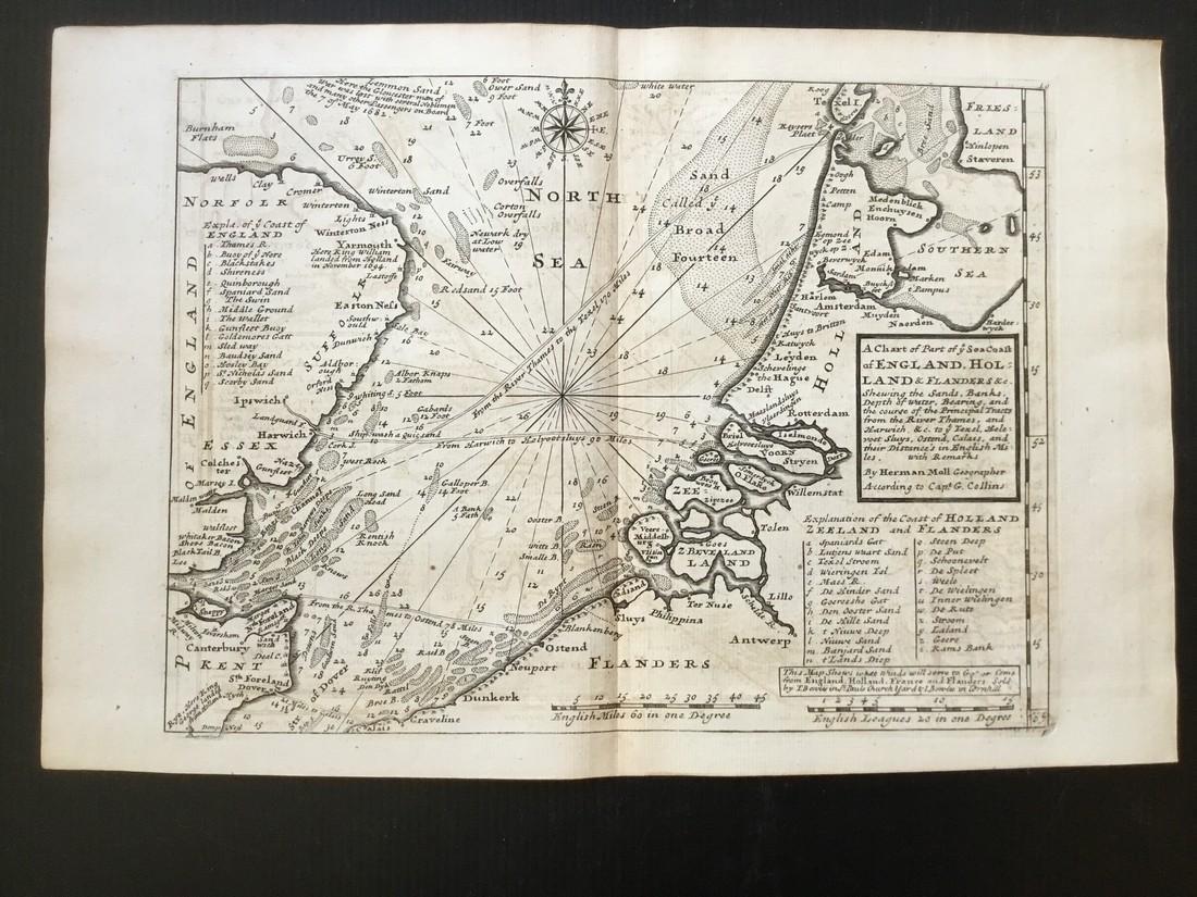 English Channel between England and holland. RARE: Title: English Channel between England and holland. RARE subject. Great details. Date/Period: 1729-1736 Materials: Copper plate engraved Dimensions: 13 1/2 x 9” By. H. MOLL. From atlas minor. Publis