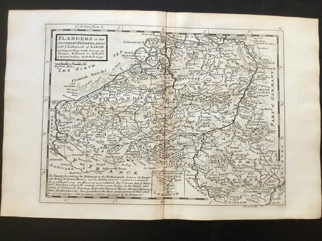 Flanders in Belgium: Title: Flanders in Belgium Date/Period: 1729-1736 Materials: Copperplate engraved. Dimensions: 13 1/2 x 9 “ By. H. Moll. From. Atlas minor. Published. London. Reserve: $40.00 Shipping: Domestic: Fre