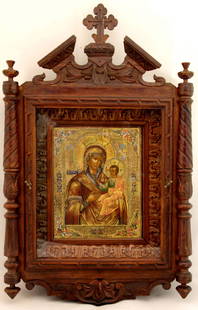 Our Lady “Skoroposlushniza”: Dimensions: 35 x 55 cm Century: 19 Our Lady “Skoroposlushniza” Russian wooden icon in large carved kiot / icon size 22x18cm Reserve: $1,700.00 Shipping:Domestic: Flat-rate of $100.00 to