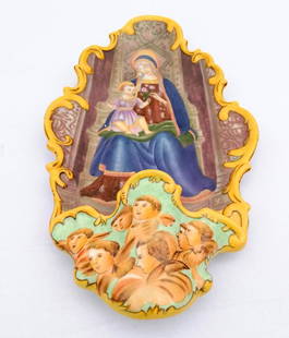 Italian Majolica holy water font: Title: Italian Majolica holy water fontMaker: UnknownOrigin: ItalyDate/Period: 1950-1970Materials: PorcelainDimensions: Height: 35 cm / 14 inches Width: 19 cm / 8 inchesAdditional Information: A