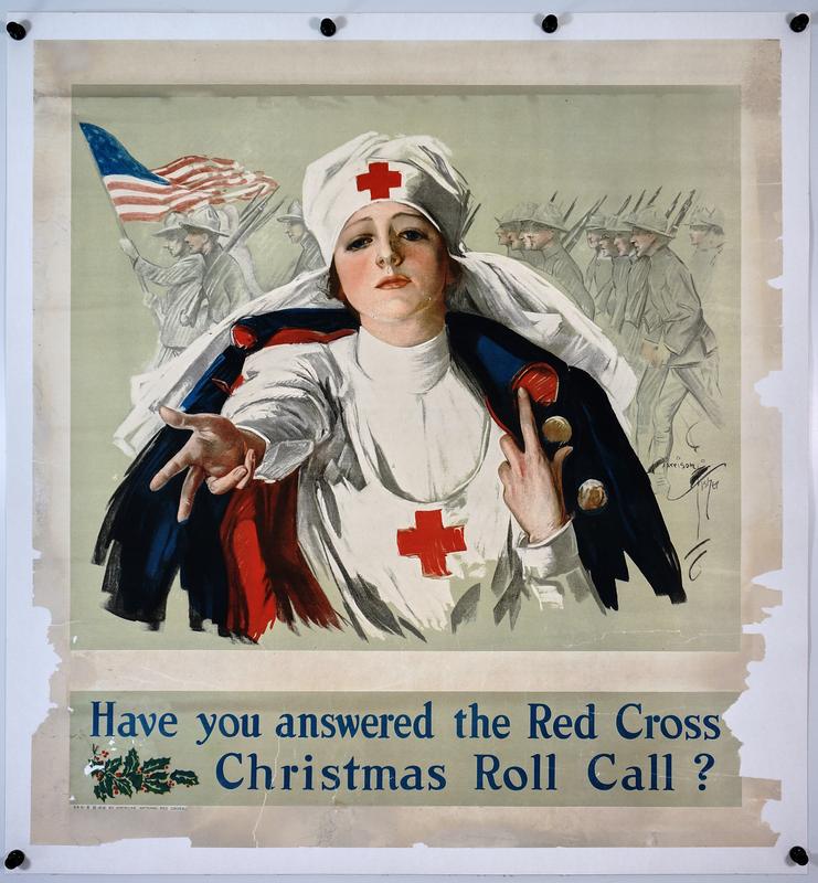 Christmas Roll Call (1918): This one is a rare, iconic WWI poster for the American Red Cross, "Christmas Roll Call". Artwork by Harrison Fisher. A striking image of a Red Cross nurse in a cloak, extending her hand, as soldiers m