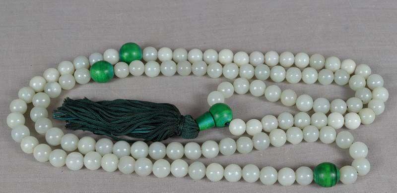 19c Chinese jade BUDDHIST ROSARY mala: Late 19th century Chinese / Tibetan mala - Buddhist rosary consisting of 108 Chinese white/gray jade beads and 4 green stained ivory/bone ones that serve as spacers dividing the prayer beads into grou