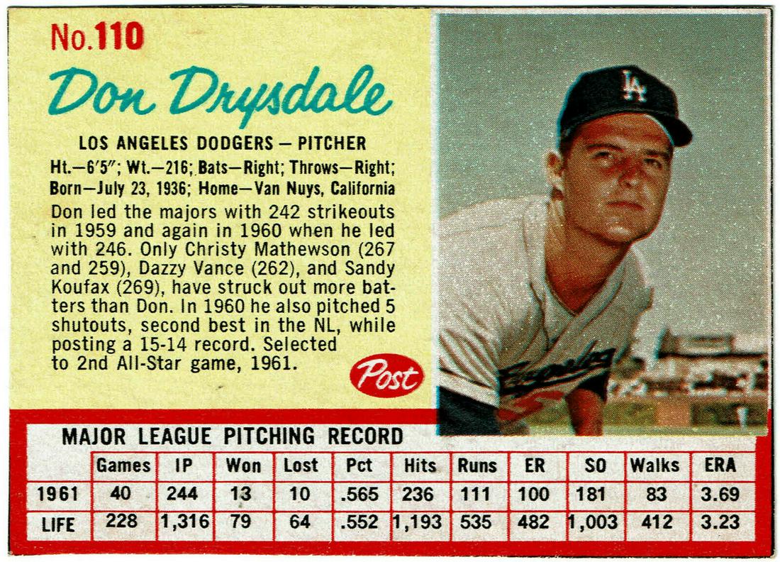 1962 Post Don Drysdale (~VB3~): No Reserve! 1962 Post #110 Don Drysdale Shipping: Domestic: Flat-rate of $3.50 to anywhere within the contiguous U.S. International: Foreign shipping rates are determined by destination. Combined ship
