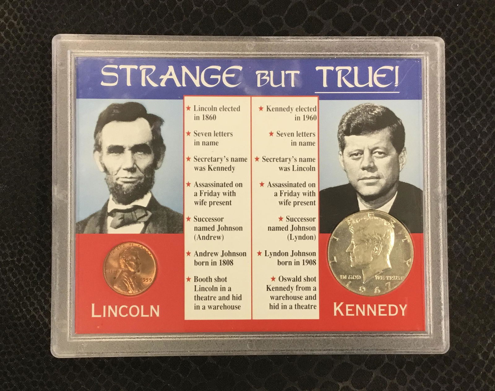 Strange but True: Title: Strange but True Date/Period: 1959/ 1967 Materials: Various Description: Coin set includes 1959 Lincoln penny and a 1967 Kennedy Silver Half Dollar. Also includes facts regarding the two presid