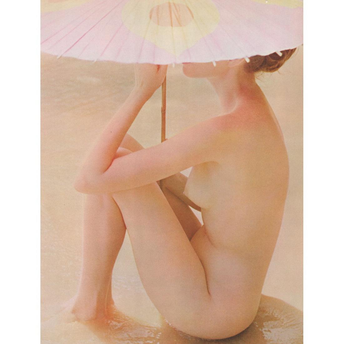 JOHN RAWLINGS - Color Nude - Betty Biehn: Artist: JOHN RAWLINGS Print Title: Nude with Parasol - Betty Biehn Medium: Color Sheet-fed Gravure Printing Date: 1960's Printed in Switzerland Image Size approx: 11 x 8.5 inches John Rawlings (1912-1