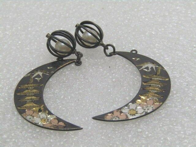 Vintage Sterling Asian Damascene Earrings, Pierced,: Vintage Sterling Asian Damascene Earrings, Crescent Shaped with dangle caged faux pearls, two-sided. One side has flowers and a pagoda and the other side has a mountain and sky scene. They are 6.61 gr