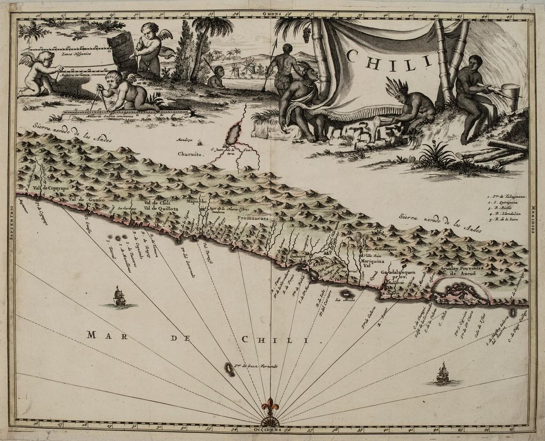 1671 Montanus/Ogilby Map of Chile -- Chili: Title/Content of Map: 1671 Montanus/Ogilby Map of Chile -- Chili Cartographer: Montanus/Ogilby Year/Place: 1671, London Size: 11.2 X 14.2 in. This is a very attractive map covering the coastal region 