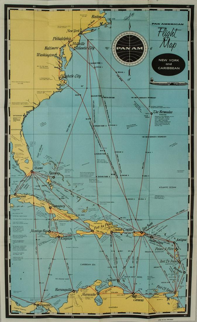 1950s PanAm Route Map of Caribbean -- Pan American: Title/Content of Map: 1950s PanAm Route Map of Caribbean -- Pan American Flight Map of New York and Caribbean Cartographer: PanAm Year/Place: late 1950s c. Size: 24 X 14 in. folded out A very nice rou