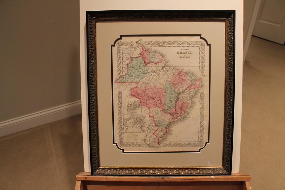 1855 Framed Map of Brazil and Guyana: Author: Colton Title: 1855 Framed Map of Brazil and Guyana Medium: Ink on paper/Glass/Wood Dimensions: 21"X24" Map of Brazil and Guyana dated 1855. Engraved and published by J.H. Colton one of the ame