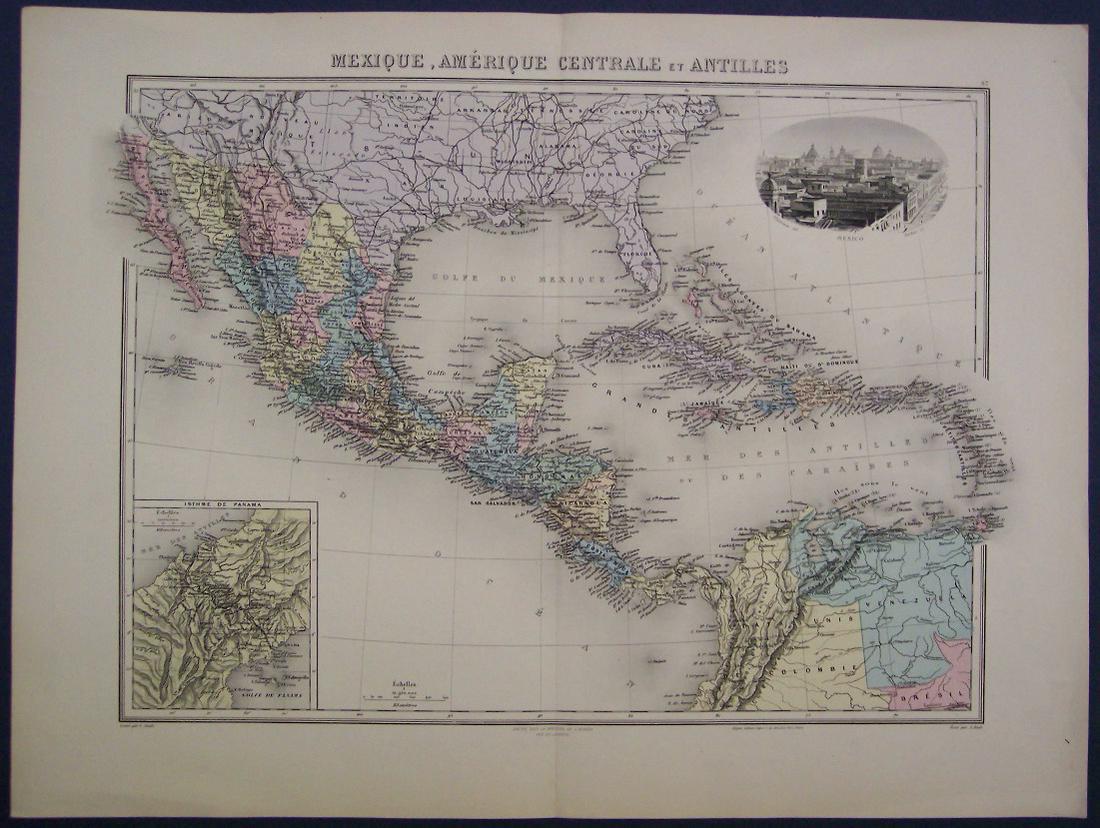 Mexique, Amerique Centrale Et Antilles: Title/Content of Map: Mexique, Amerique Centrale Et Antilles Cartographer: LACOSTE, CH. Date: 1880 Publisher: J. MIGEON Size: 12.3Height - 17Width Attractive map with steel engraved view of Mexico Cit
