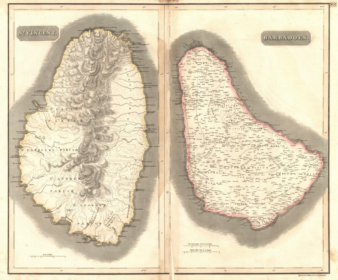 West Indies Islands. St. Vincent: Title/Content of Map: West Indies Islands. St. Vincent Cartographer: THOMSON, JOHN & CO. Date: 1817 Publisher: JOHN THOMSON, JUNR. & CO. Size: 19.6Height - 11.3Width Part of No.52 from Thomson's New G