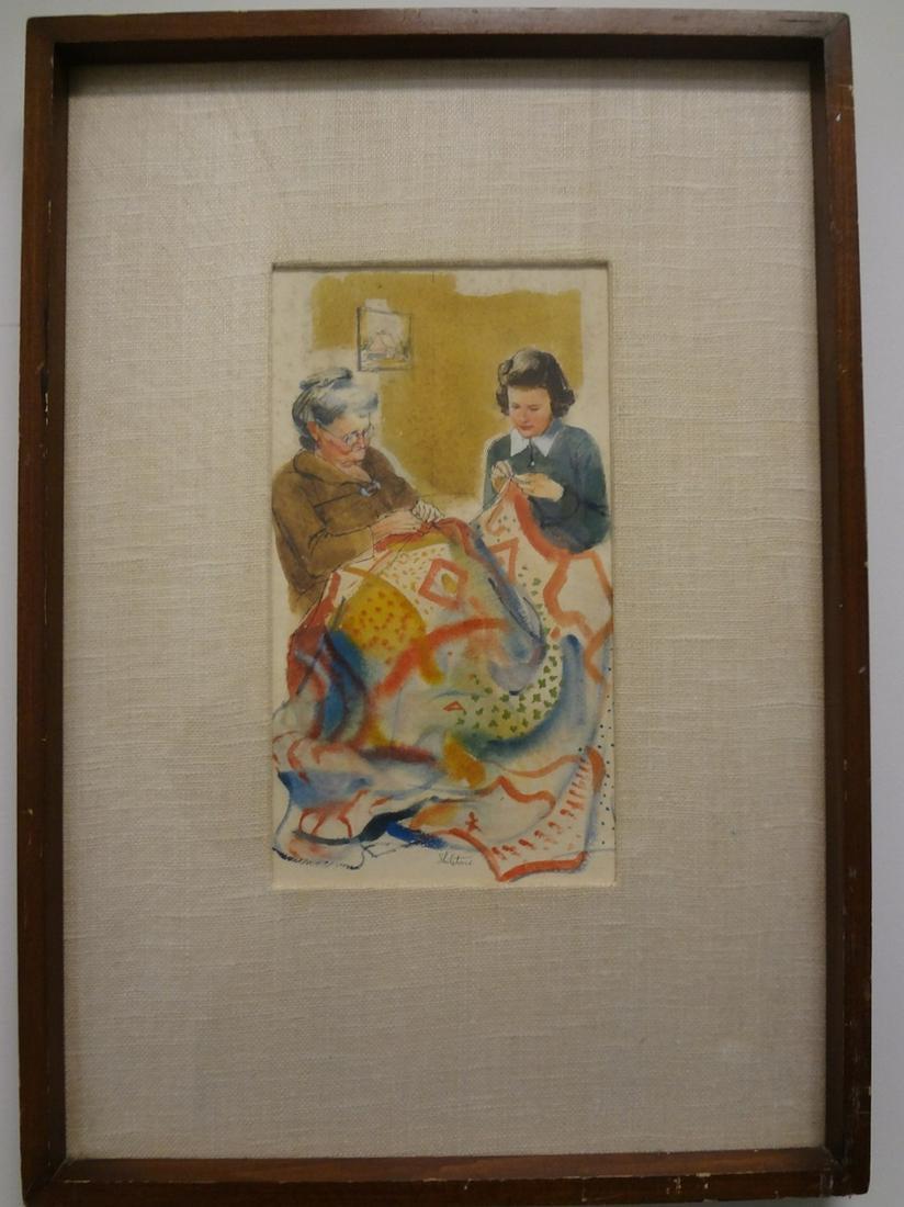 Grandmother, Granddaughter Quilting Watercolor: Title: GRANDMOTHER, GRANDDAUGHTER QUILTING WATERCOLOR signed SHILSTONE Date: 1920s Origin: Material: Material paper and watercolor Dimension: Provenance/Additional Info: This charmig scene is said to 
