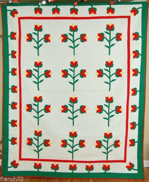 VIBRANT Vintage 40's Tulip Applique Quilt, GREAT BORDER (1 of 10)