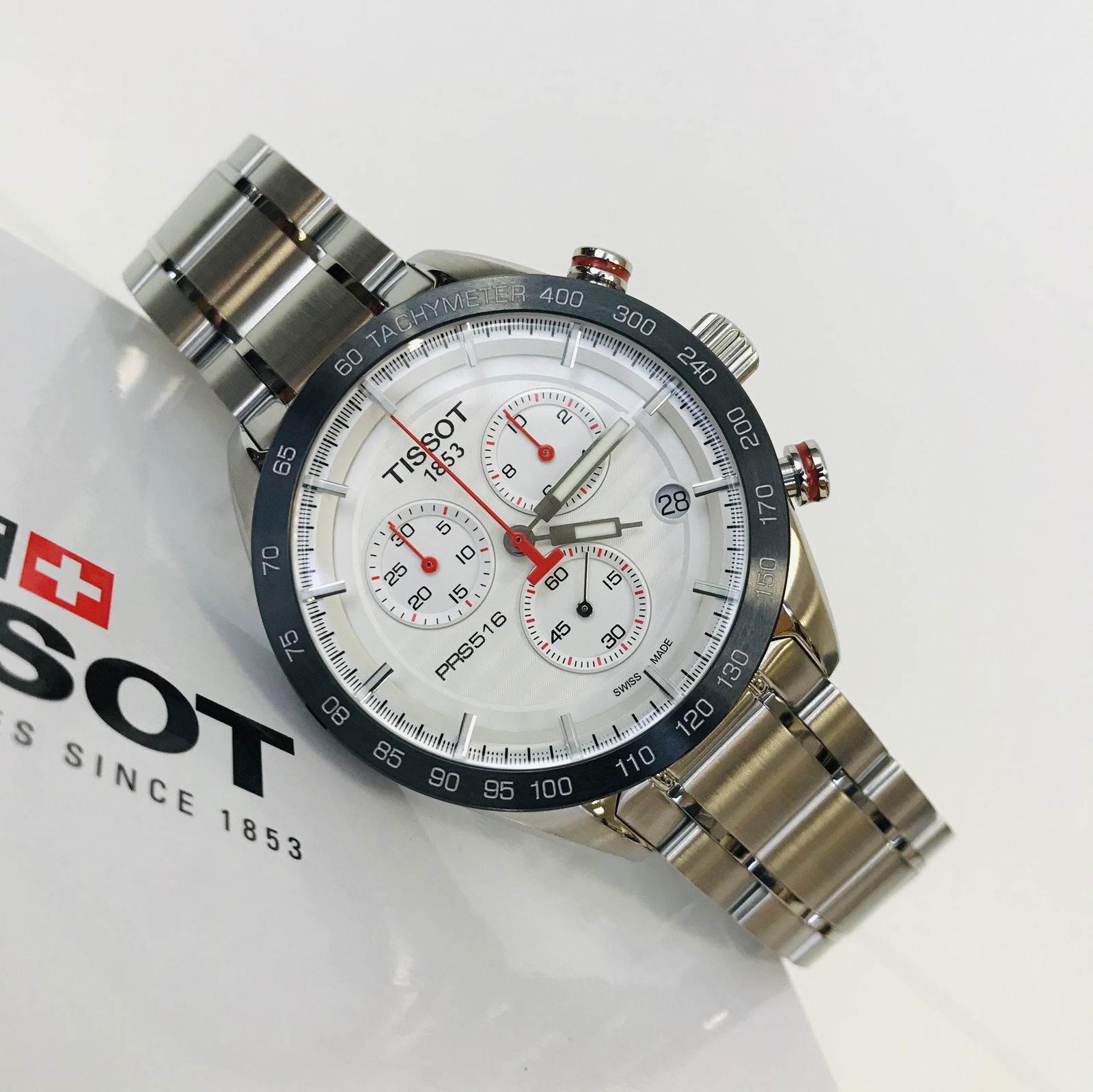 TISSOT PRS 516 Men's Chronograph Watch: Title: TISSOT PRS 516 Men's Chronograph Watch Brand: TISSOT Size/Dimensions: 43 mm Bracelet Length: Standard 184mm-197mm Movement Type: Quartz (Swiss Made) Box/Papers: In Orignal Box, 12 month warrant