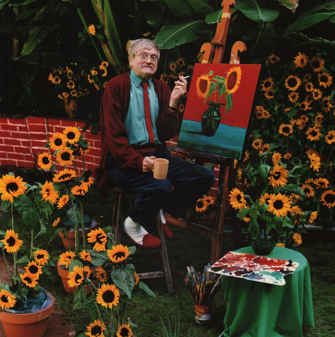 HELMUT NEWTON - David Hockney, LA, 1997: Artist: HELMUT NEWTON Print Title: David Hockney, LA, 1997 Medium:Photo-lithograph Printed in 2000’s in Italy Image size (inches) approx. 9.5 x 9.5” Helmut Newton (1920-2004) was a German-Australi