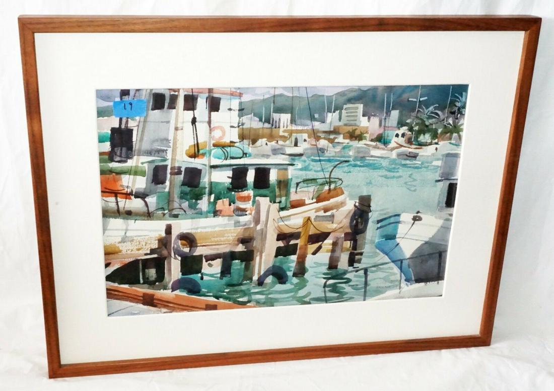 1978 US Hawaii Painting Honolulu Harbor Boats Tom Hill: “Painting and Hawaii Koa wood frame are overall in good pre-owned condition,”, Up for sale from a recent estate in Honolulu Hawaii this 1978 US Hawaii Koa wood framed watercolor painting that is u