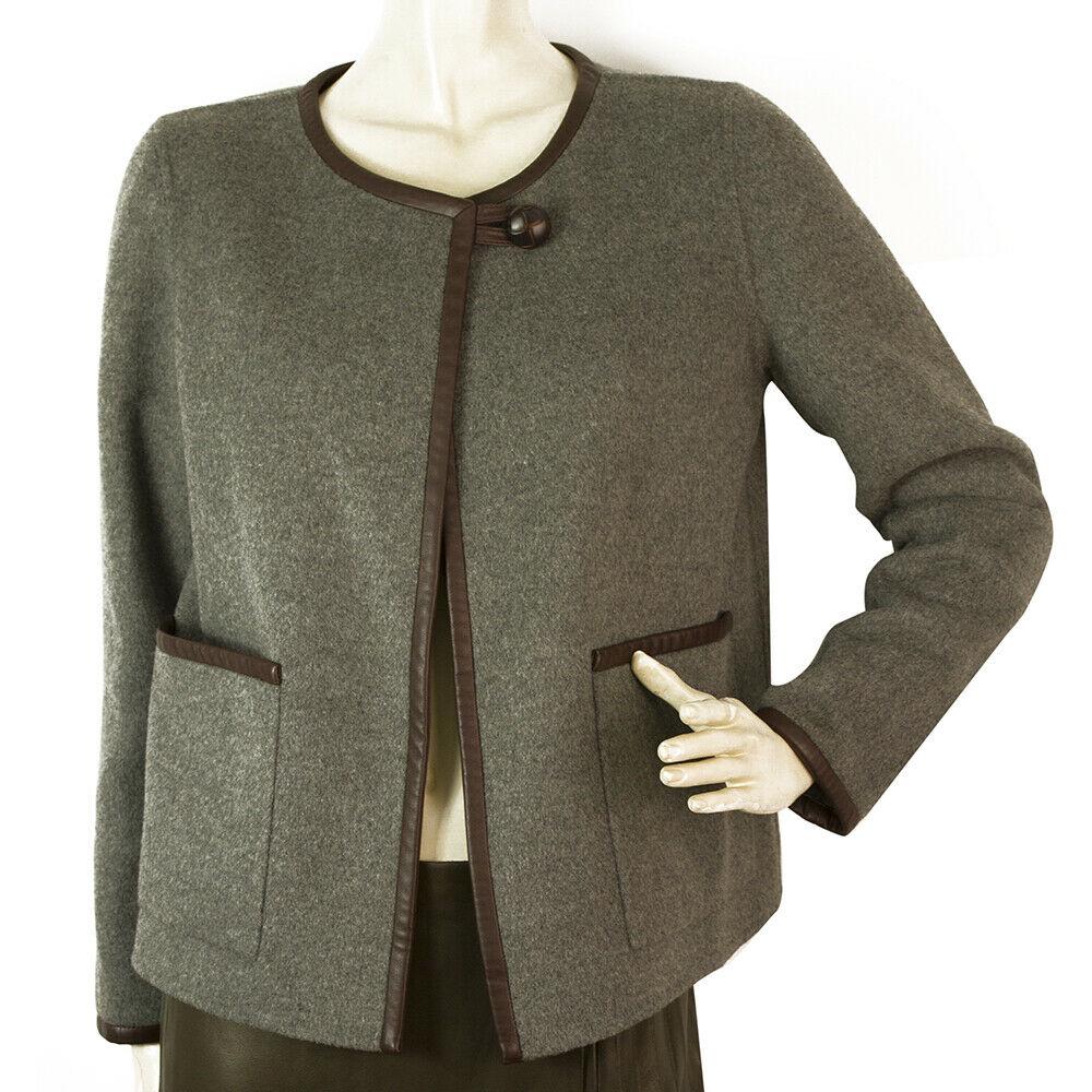 Donna Karan DKNY New York Gray Wool Brown Leather Trim: Donna Karan DKNY New York Gray Wool Brown Leather Trim One Button Jacket size S Comfortable, lightweight and easy to wear this gray wool- cashmere jacket might just become your favorite piece this sea