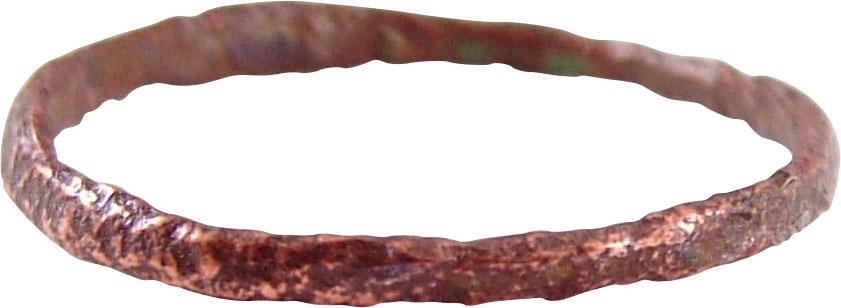 RARE COPPER VIKING RING, 900-1050 AD, SZ 6 ¼.: No Reserve! Size 6 ¼. Narrow 1.6mm width with low rounded face. Mottled red/brown patina with encrustation from burial inside. Vikings were expert metallurgists. The use of pure copper is rare and su