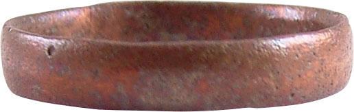 RARE COPPER VIKING RING, 900-1050 AD JEWELRY S8: No Reserve! Size 8. 3.7mm width with rounded face. Fine rich red copper patina. Vikings were expert metallurgists. The use of pure copper is rare and suggests a supernatural significance as alloys wer