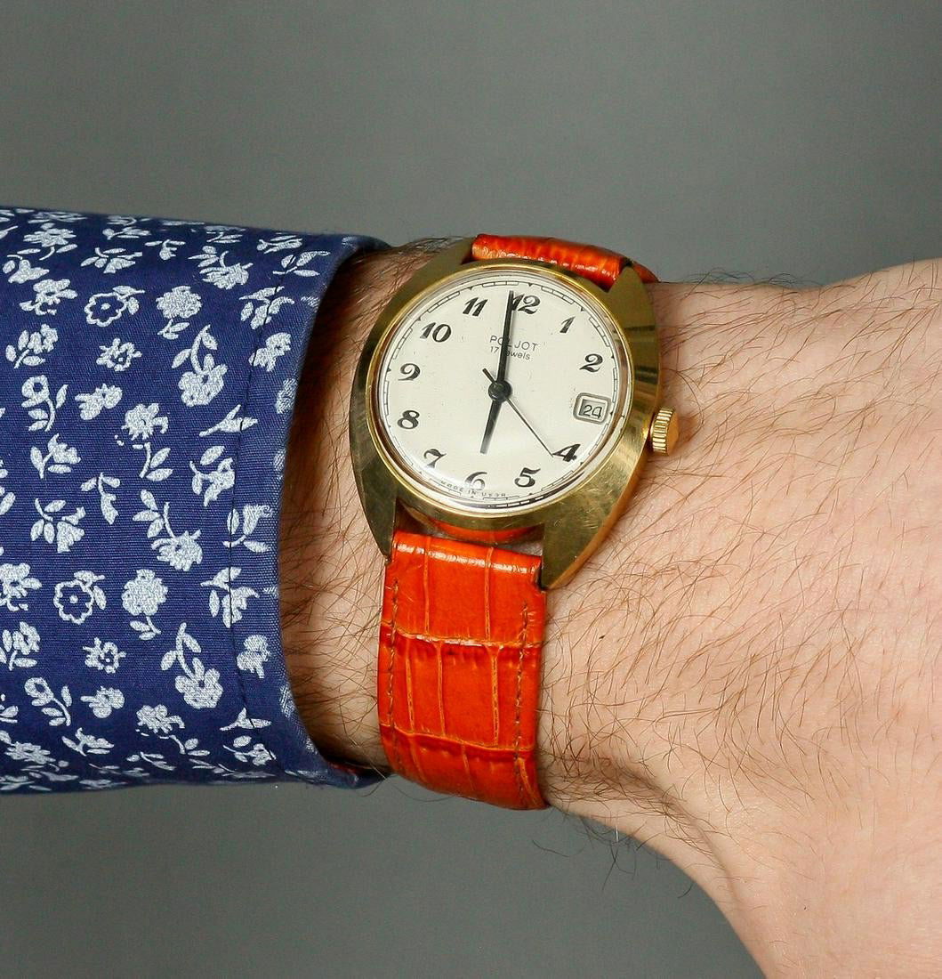 Poljot Vintage Men Wrist Watch / Antique Unisex White: Materials Band material: Leather Gold, Stainless steel Poljot vintage men wrist watch russian antique unisex white USSR watches. rare original vintage Soviet watch Poljot. Mechanical USSR watch. Vinta