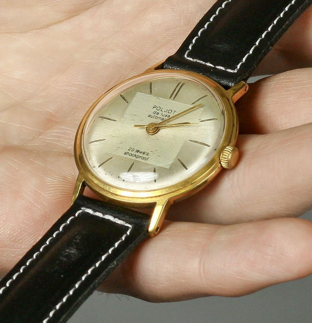 Poljot deluxe automatic vintage men wrist watch russian: Materials Band material: Leather Gold, Stainless steel Poljot deluxe automatic vintage men wrist watch russian antique unisex white USSR watches ?14 Watch - "Poljot" deluxe automatic Specifications: <