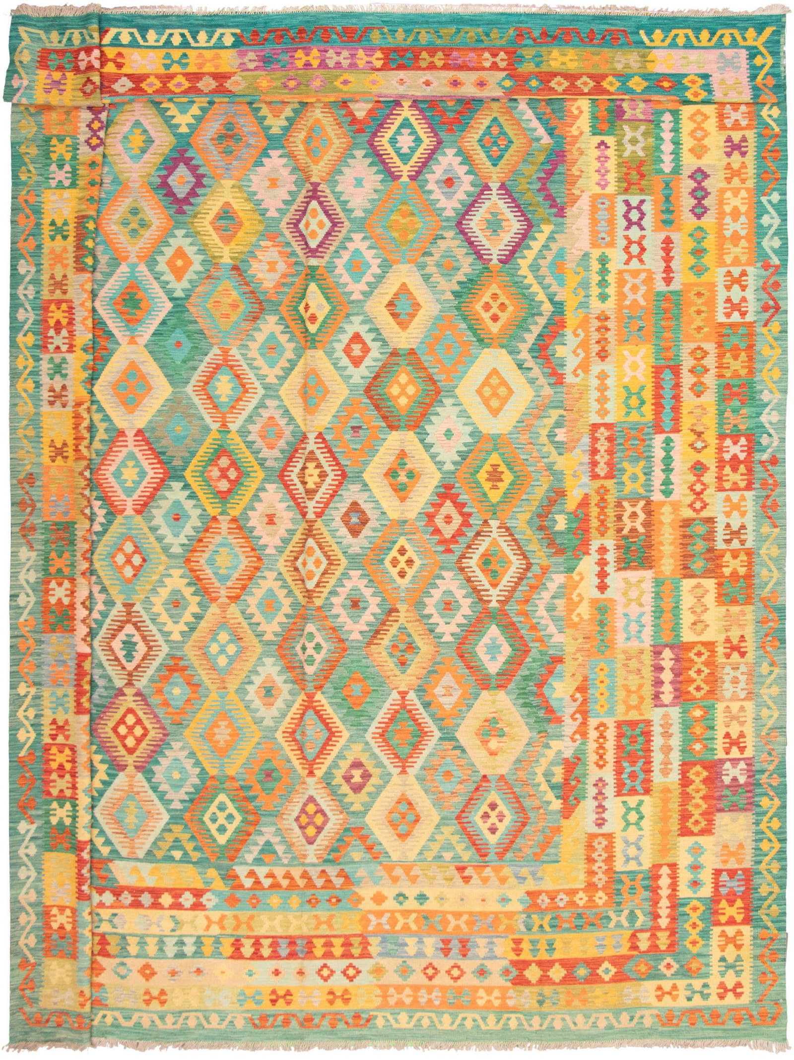 Hand woven Bold & Colorful Teal Wool Kilim 13'0" x: Title: Hand woven Bold & Colorful Teal Wool Kilim 13'0" x 16'4" Origin: Pakistan Size/Format: 13'0" x 16'4" Materials: 100% Wool Age: New Additional Information: Organic geometric designs inspired by 