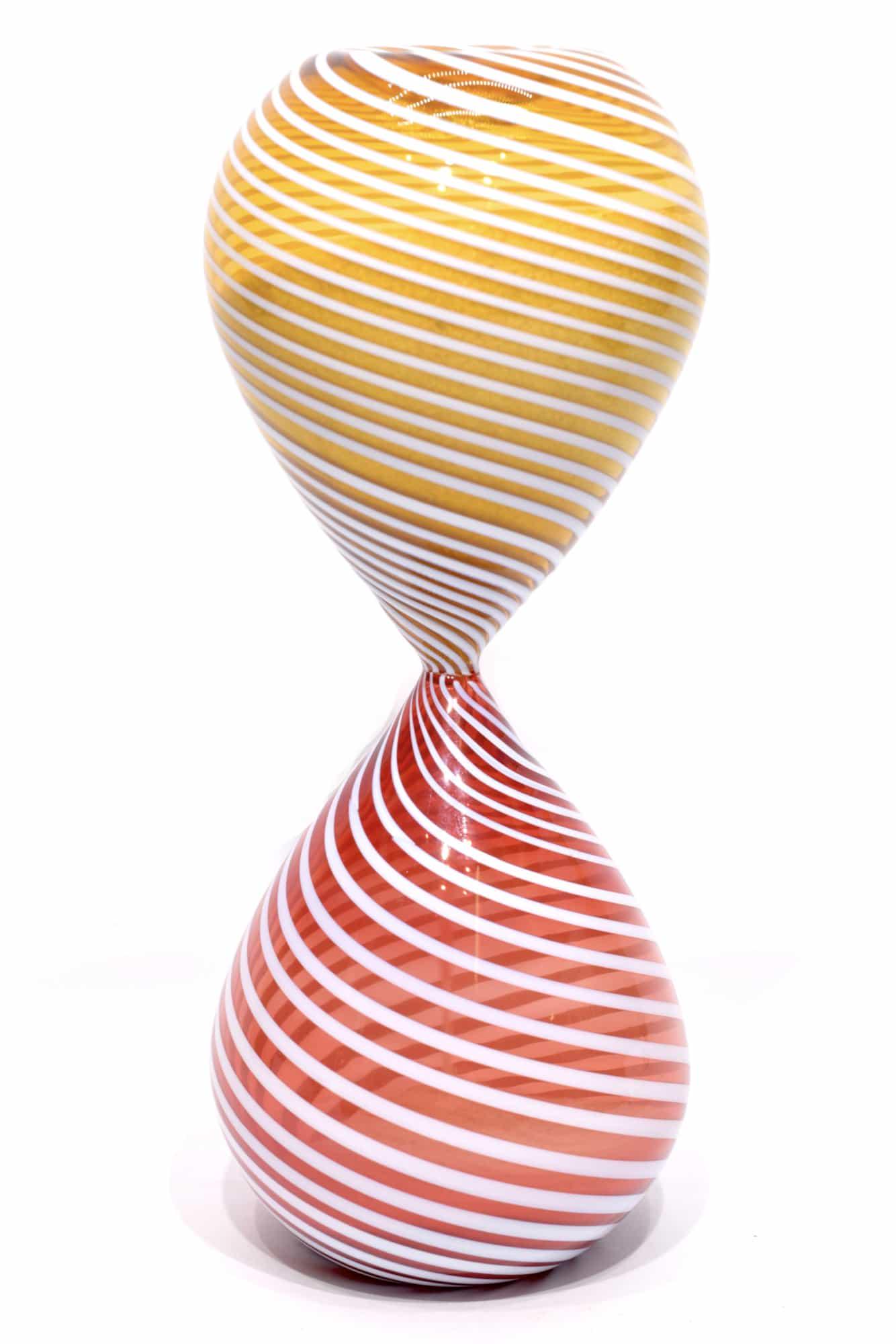 Murano glass bicolour hourglass with filigrana signed: Additional Information: Murano glass bicolour hourglass incalmo, made by glass master De Mio Giuliano. Item signed by master. Date/Period: 2020 Maker: De Mio Giuliano Origin: Murano Material: Glass Si