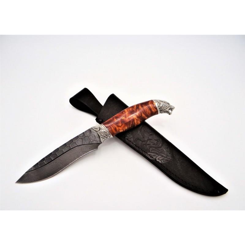 Damascus steel knife, exclusive pattern knife, hunting: Knife "Leopard" made of damask steel. Handle - stabilized Karelian birch, maple, art casting from cupronickel, composite material made of acrylic resins and scabbard - genuine leather. Damascus knives