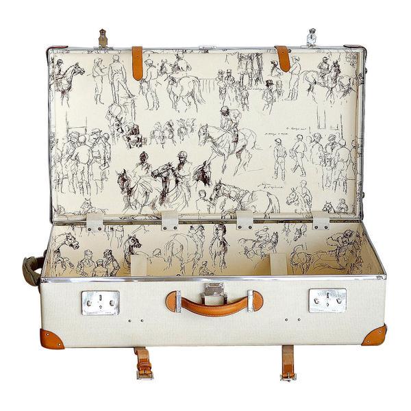 Hermes Suitcase Faubourg Express Limited Edition Only 3: Rare coveted Hermes suitcase from the exclusive Faubourg Express line. Limited Edition beige chevron pattern hard case with wheels. Interior is classic with equestrian motif print. Fresh with palladiu