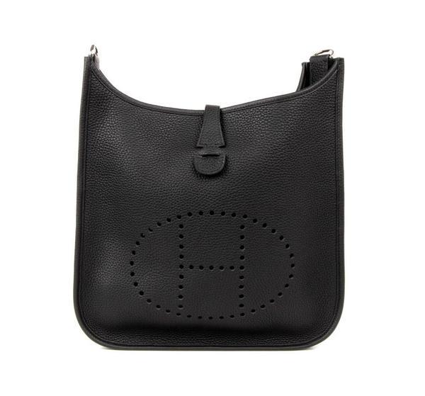 Hermes Bag Evelyne PM Black Clemence Palladium Hardware: Guaranteed authentic coveted PM Evelyn Hermes bag in Jet Black Clemence. Chic Hermes black leather purse. Signature perforated H on front of bag. Sport strap in textile with leather and palladium hard
