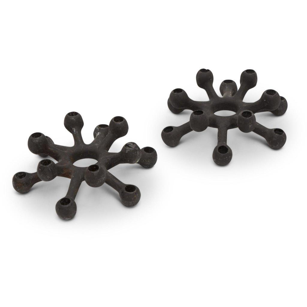 Jens Quistgaard for Dansk Cast Iron Candle Holder -: Pair of "Spider" candle holders. Danish mid-century cast iron candle holders designed by Jens Quistgaard JHQ for Dansk. Solid Iron dark brown color. Modernist sculptural design. Markings on bottom. Ma