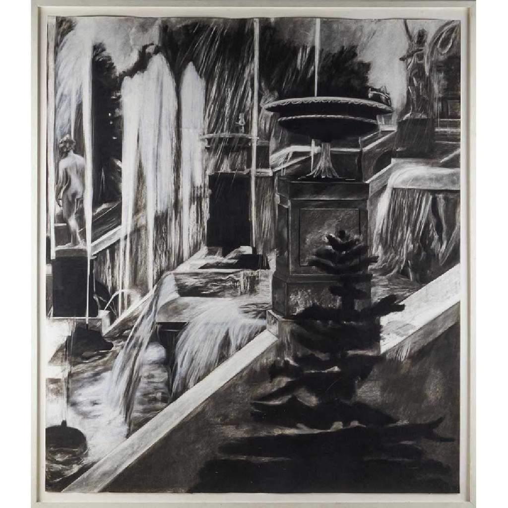 Michele Zalopany "The Fountain" (1984): A monumental sized work of pastel and charcoal on paper by Michele Zalopany (b. 1955) entitled "The Fountain". Zalopany employs a photorealist technique to depict specific manmade locations as well as