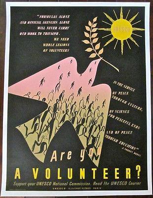 Are You A Volunteer? French Human Rights LB Poster -: ARE YOU A VOLUNTEER? - ORIGINAL FRENCH HUMAN RIGHTS LB POSTER - ZAMBOURG ARTWORK Original UNESCO French Linen Backed Advertising poster (23" x 30 1/2") Poster has fold line touch ups and border wear 
