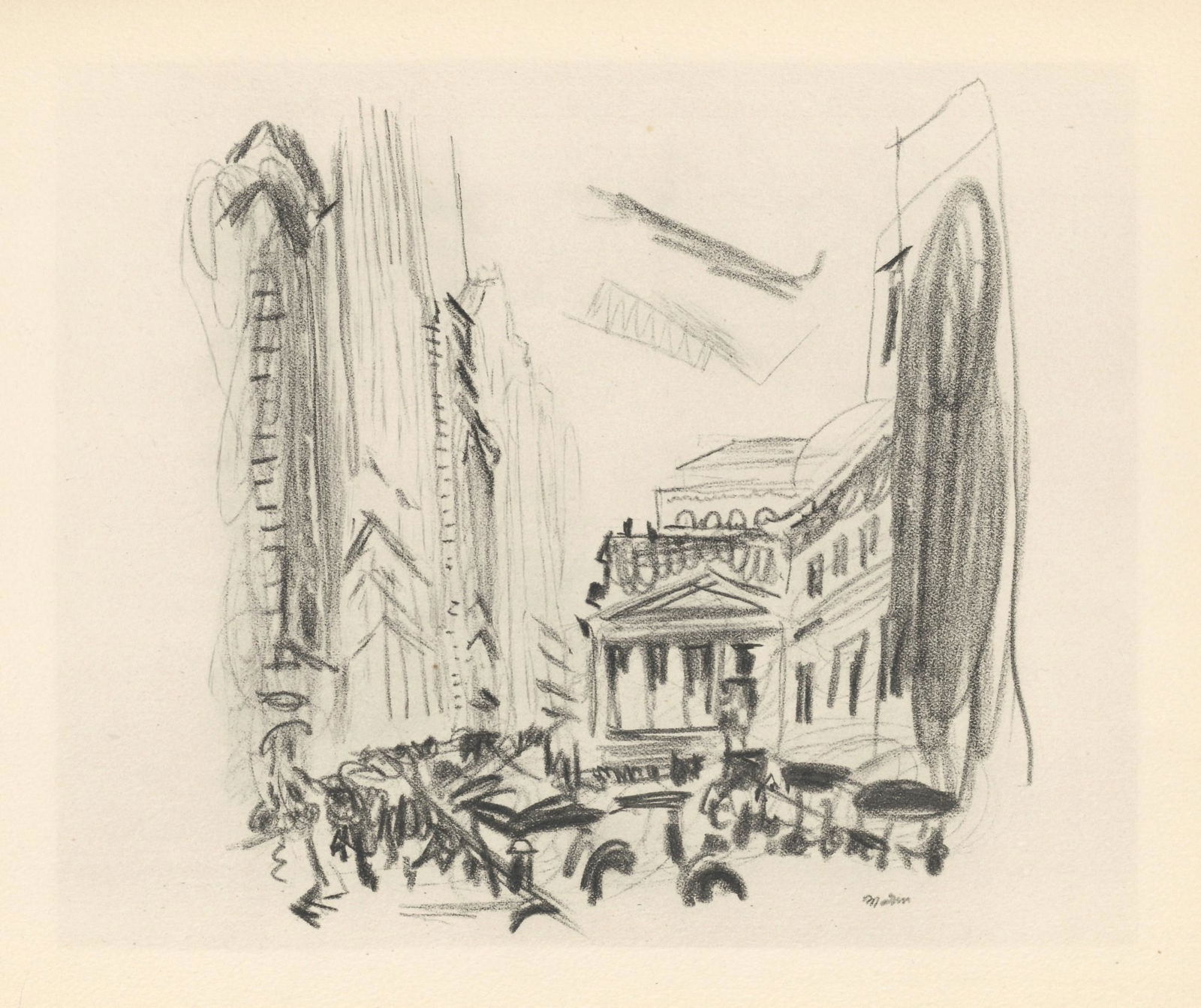 John Marin "Broad Street NYC": Medium: collotype (after the drawing). Issued in 1950 in a limited edition of 125 on watermarked Johannot wove paper. The image size is 7 3/4 x 9 1/4 inches; the full sheet measures 10 x 12 1/2 inches